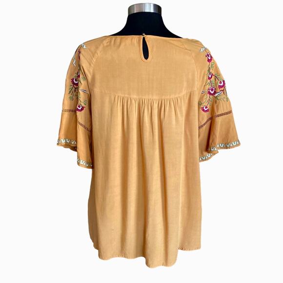 Entro Mustard Top Embroidered Sleeves Pleated Bell Sleeves Boho Western Medium - Picture 2 of 8